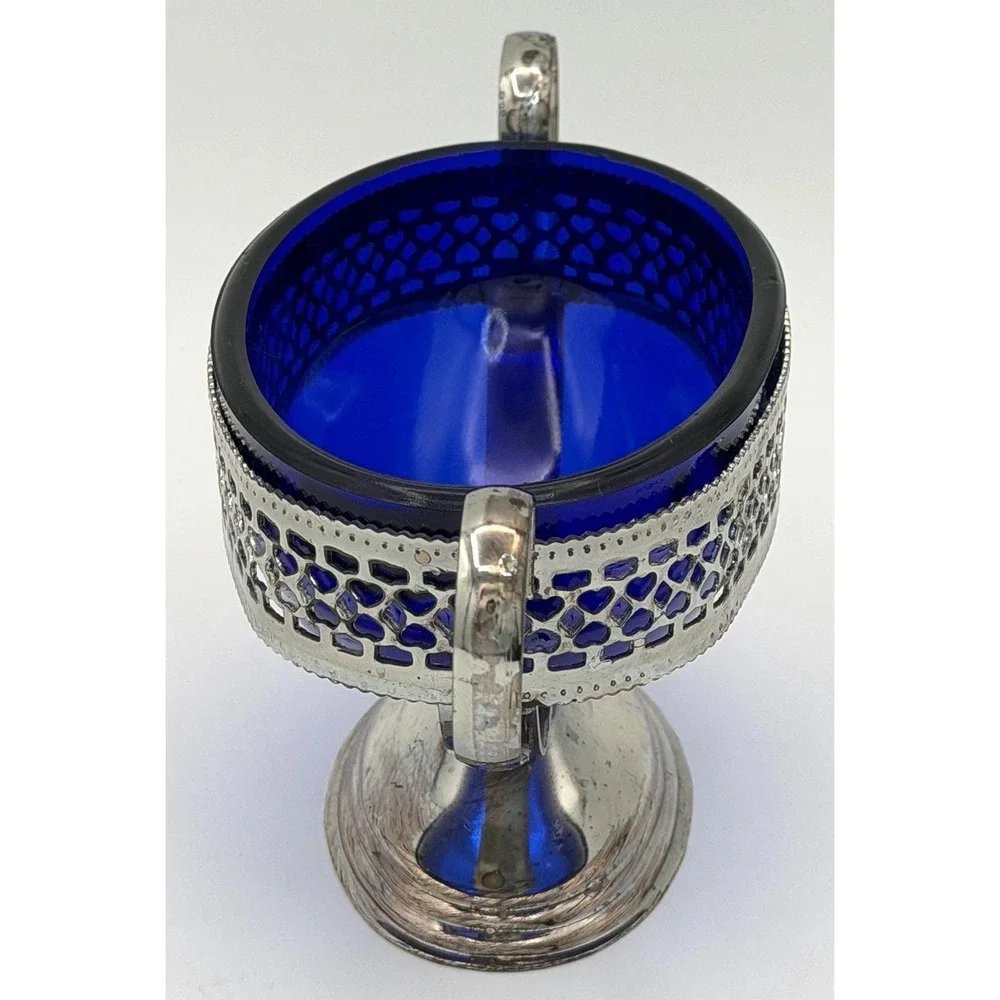 Sugar Bowl England Cobalt Blue Glass w/ Metal Holder Handles New w/ Wear